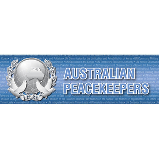Peacekeepers Sticker The beautiful Peacekeepers Sticker, order now from the military specialists. Features the Australian Peacekeepers Insignia and a the names of the peacekeeping missions Australia have been actively inv