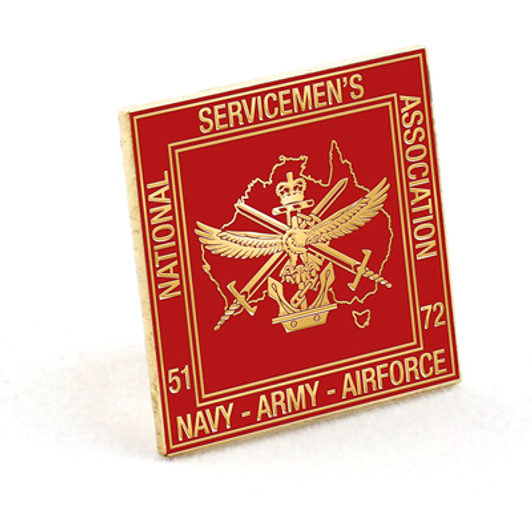 Nashos QLD Hat Badge A quality official Nashos Queensland Hat Badge order now from the military specialists. This badge has the National Servicemen's Association insignia in Gold against a rich red enamel fill. Buy today