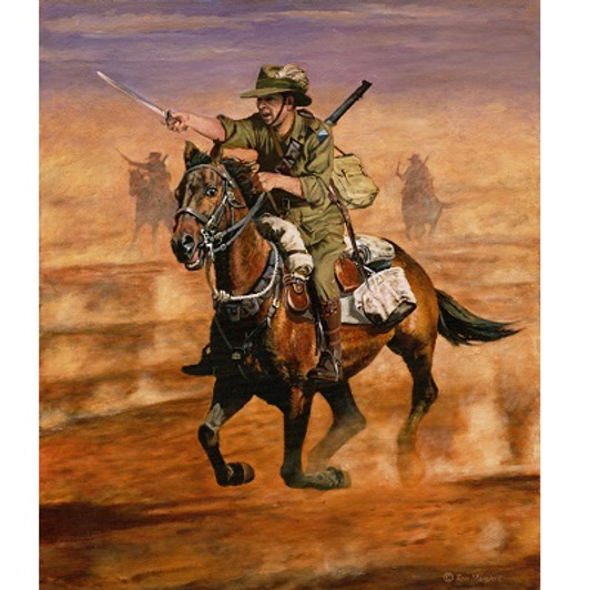 Light Horseman Canvas Print 60 x 51.1 This painting depicts an Australian Light Horseman on his gallant Waler galloping across the dusty Palestinian plain just on sunset. The Light Horseman is yelling and brandishing his bayonet. They are