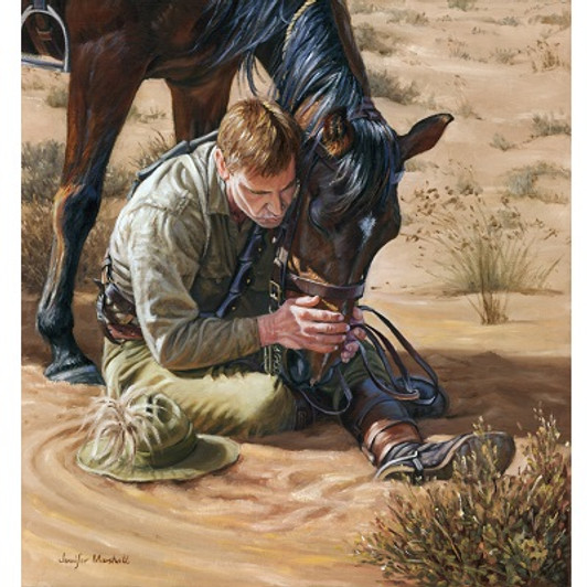 Commiseration Print 30 x 32 This painting truly represents the close bond of empathy and understanding between the Australian Light Horseman and his horse.This light horseman has been bitterly disappointed, for the mail has come
