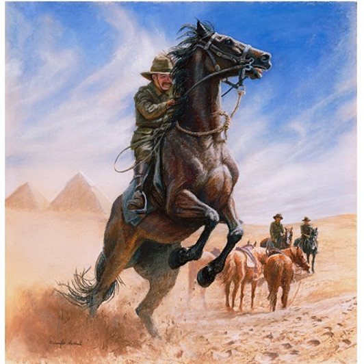 Re-Educating The Remounts Print 30 x 30.5 This painting was inspired by the story John Skinner related to me, of how his grandfather William  Skinner(always known as Bill), while in Egypt would ride a quiet horse and lead three other fresh re