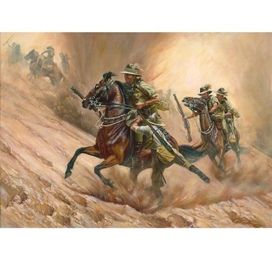 Rescue And Retreat Print 30 x 42.2 This painting was inspired by accounts of the extraordinary mateship, courage, and endurance of the Australian Light Horse during the Battle of Romani in the Sinai Desert between 3rd and 5th of August