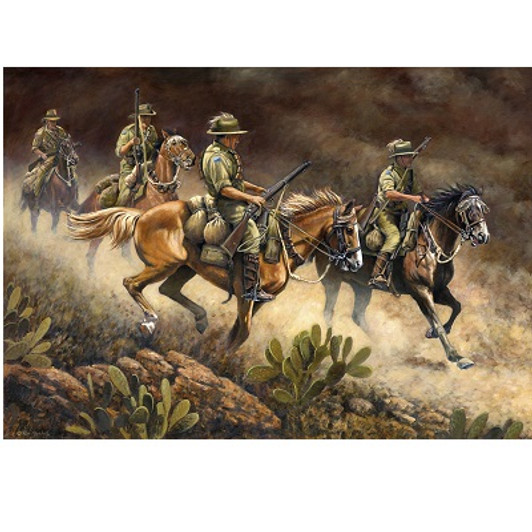 Desert Pursuit Canvas Print 35.5 x 50 In this painting a section from the 4th Light Horse Regiment are galloping down a hill outside the town of Gaza, with their rifles ready and eager for action as they the pursue the Turkish army, for G