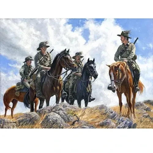 On Outpost Canvas Print 43.1 x 60 This section on outpost duty have positioned themselves on a rocky ridge that gives them a commanding view of the area. On the lookout for enemy incursions or ambushes, they are ready to ride at a mom