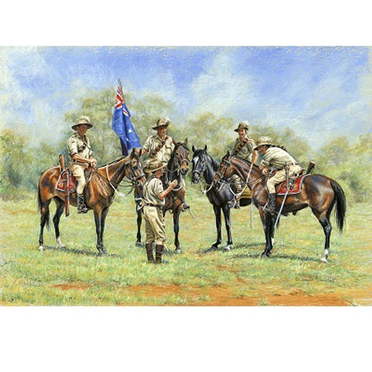 Final Orders Print 30 x 43.5 With horses groomed and gleaming, and tack spit and polished, members  of the Australian Light Horse Association are gathering in groups outside the ring before the tournament begins.Brought together