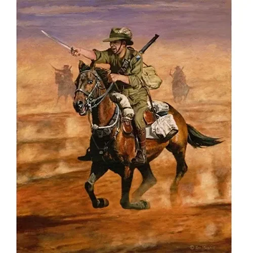 Light Horseman Canvas Print 50 x 42.6 This painting depicts an Australian Light Horseman on his gallant Waler galloping across the dusty Palestinian plain just on sunset. The Light Horseman is yelling and brandishing his bayonet. They are