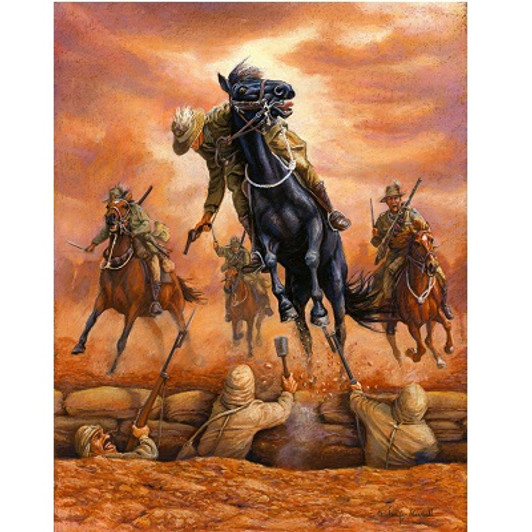 Midnights Last Charge Canvas Print 60 x 78.7 Lieutenant Guy Haydon and his magnificent black mare Midnight, came from the property "Bloomfield" in the Hunter Valley, NSW and joined the 12th Light Horse Regiment in 1915.While the Australian Light
