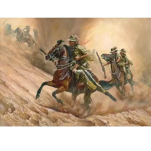 Rescue And Retreat Canvas Print 60 x 84.4 This painting was inspired by accounts of the extraordinary mateship, courage, and endurance of the Australian Light Horse during the Battle of Romani in the Sinai Desert between 3rd and 5th of August