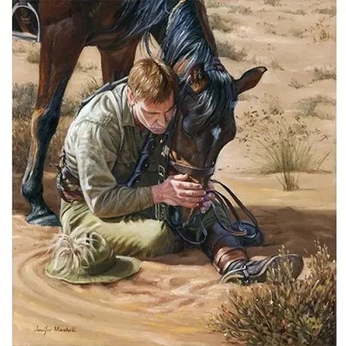 Commiseration Canvas Print 40 x 37.5 This painting truly represents the close bond of empathy and understanding between the Australian Light Horseman and his horse.This light horseman has been bitterly disappointed, for the mail has come