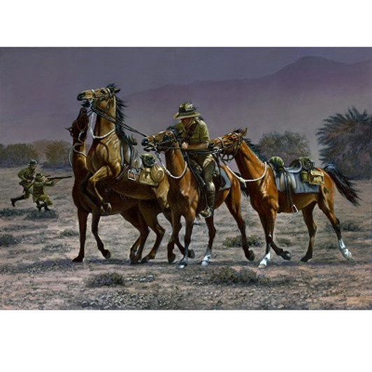 The Horse Holder Canvas Print 60 x 84.7 This painting shows a Horse Holder moving off with the section horses, after the other three troopers have left their horses in his care to go into action, or as they called it "go off on a stunt". Tw