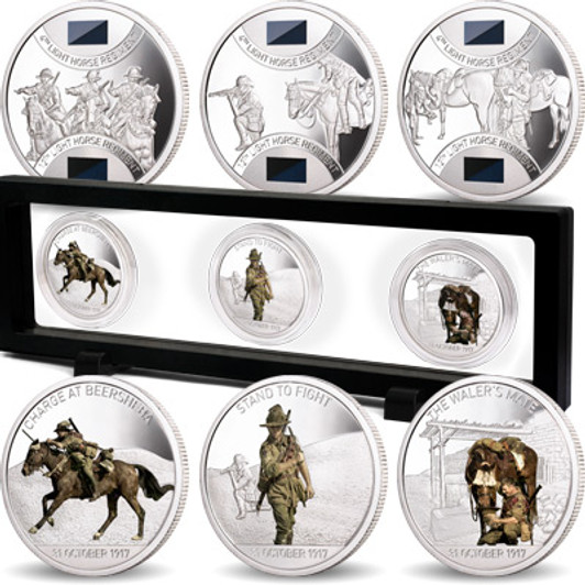 Battle For Beersheba Light Horse Limited Edition Medallion Set This special set of proof quality medallions is created to honour the men and horses of the Australian Light Horse in the Centenary year of the famous 'cavalry' charge at Beersheba when 800 light hors