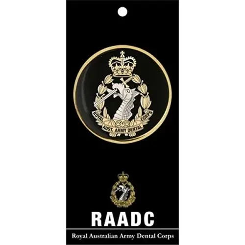 RAADC Medallion On Card The superb Royal Australian Army Dental Corps (RAADC) medallion. Order now from the military specialists. Displayed on a presentation card. This spectacular 48mm full colour enamel medallion will star