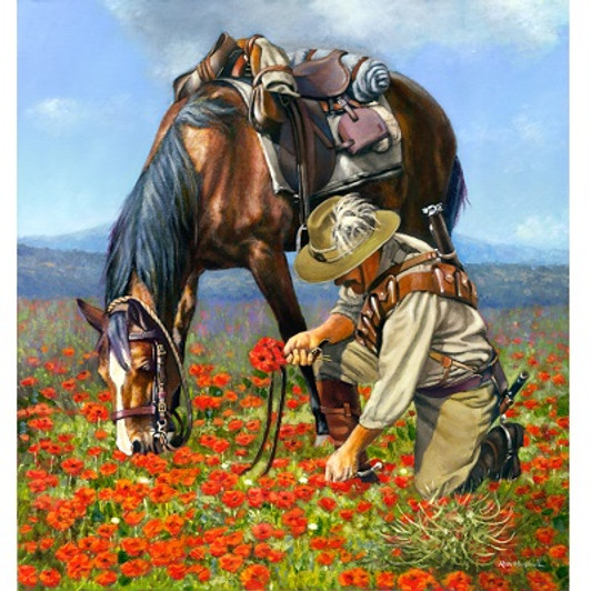 Picking Anemones Print 32 x 30 This Light Horseman is picking these red anemones to press within his diary, he will and send them pressed and dried with letters or postcards to his loved ones back at home in Australia. His mount is