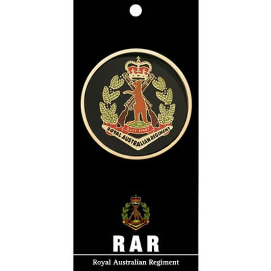 RAR Medallion On Card The Royal Australian Regiment (RAR) medallion, order now from the military specialists. Displayed on a presentation card. This spectacular 48mm full-colour enamel medallion will start conversations wh