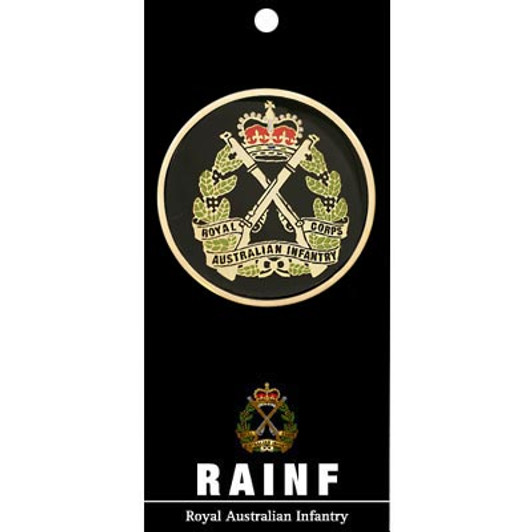 RAinf Medallion On Card The Royal Australian Infantry Corps (RA Inf) medallion, order now from the military specialists. Displayed on a presentation card. This spectacular 48mm full-colour enamel medallion will start convers