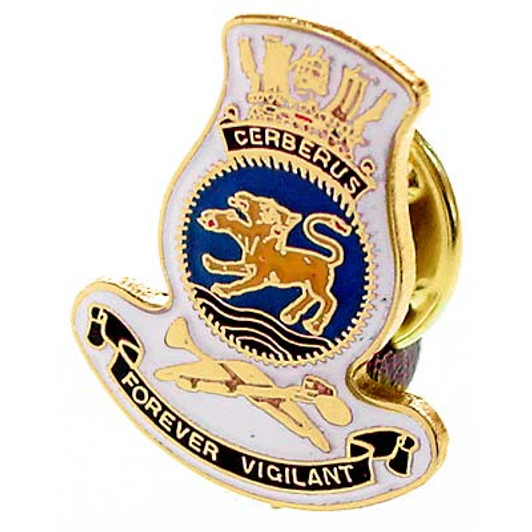 HMAS Cerberus Lapel Pin The HMAS Cerberus 20mm full-colour enamel lapel pin, order now from the military specialists. Displayed on a presentation card. This beautiful gold-plated lapel pin will look great on both your jacket