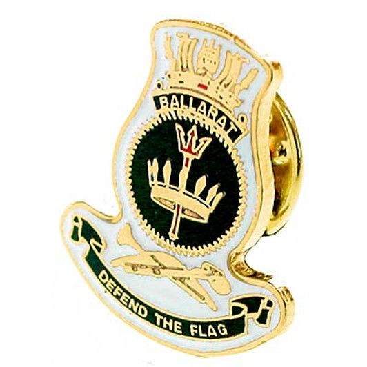 HMAS Ballarat Lapel Pin The HMAS Ballarat 20mm full-colour enamel lapel pin, order now from the military specialists. Displayed on a presentation card. This beautiful gold-plated lapel pin will look great on both your jacket