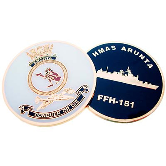 HMAS Arunta Medallion The HMAS Arunta medallion. Order now from the military specialists. This spectacular 48mm full colour enamel medallion with the ships crest on the front and ships profile on the reverse, will start co