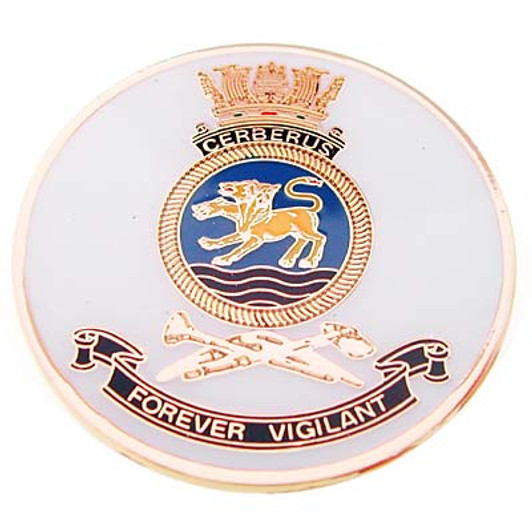 HMAS Cerberus Medallion The HMAS Cerberus medallion. Order now from the military specialists. This spectacular 48mm full colour enamel medallion with the ships crest on the front and ships profile on the reverse, will start