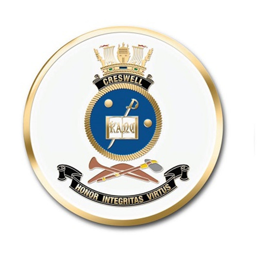 HMAS Creswell Medallion The HMAS Creswell medallion. Order now from the military specialists. This spectacular 48mm full-colour enamel medallion with the ships crest on the front and ships profile on the reverse, will start