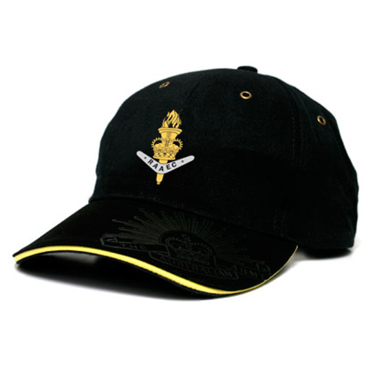 RAAEC Black Cap This Royal Australian Army Educational Corps (RAAEC) cap is both stylish and practical with its cool looks. Buy now from the military specialists. This quality heavy brushed cotton cap has the RAAEC c