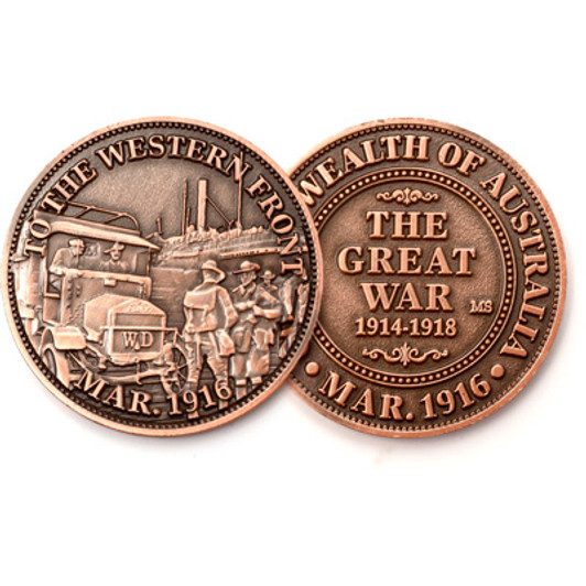To The Western Front 1916 Commemorative Penny This special AGW antique finish penny commemorates the start of Australia's campaign on the Western Front. In March 1916 Australian troops departed Alexandria in Egypt and landed in the French Port of
