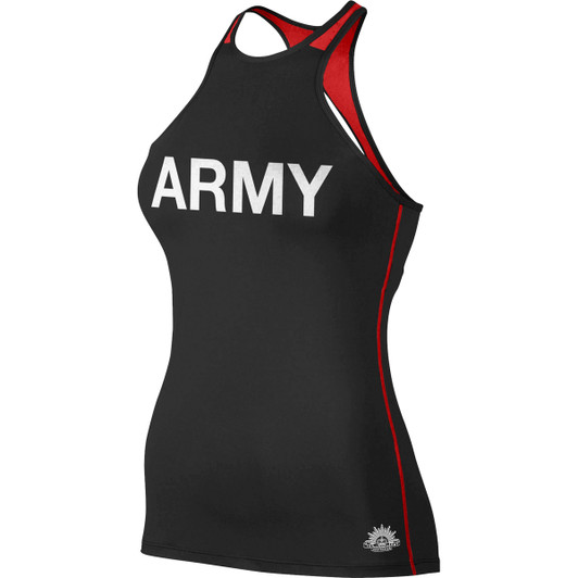 Army Ladies Singlet Black/Red Australian Army branded singlet with red panel shoulder inserts and Rising Sun badge. Manufactured from a lightweight polyester/spandex blend that will keep you cool during workouts.