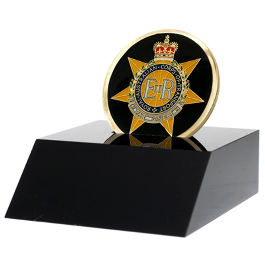 RACT Medallion In Stand Superb Royal Australian Corps of Transport (RACT) 48mm medallion presented in a black acrylic stand. Order now, the block is presented in a form cut gift box making it perfect for awards, presentation