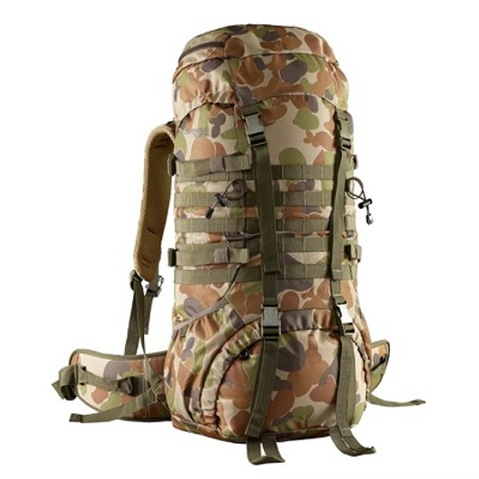 Caribee Cadet 65L Rucksack Auscam Features:Military inspired 65L Auscam rucksack Heavy duty and reinforced constructionAir Flow System (AFS) harness promotes comfort and back supportAir mesh back padding with lumbar supportPadded hip