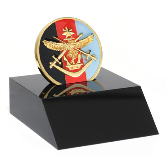 ADF Medallion In Stand Superb Australian Defence Force (ADF) 48mm medallion presented in a black acrylic desk stand. Order now, the block is presented in a form cut gift box making it perfect for awards, presentations or th