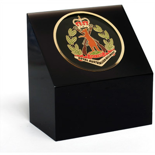 RAR Medallion In Block Superb Royal Australian Regiment (RAR) 48mm medallion presented in a black acrylic desk block. Order now, the block is presented in a form cut gift box making it perfect for awards, presentations or t