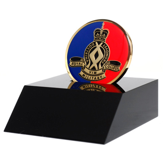 RMC Medallion In Stand Superb Royal Military College Corps of Staff Cadets (RMC) 48mm medallion presented in a black acrylic stand. Order now, the block is presented in a form cut gift box making it perfect for awards, pres