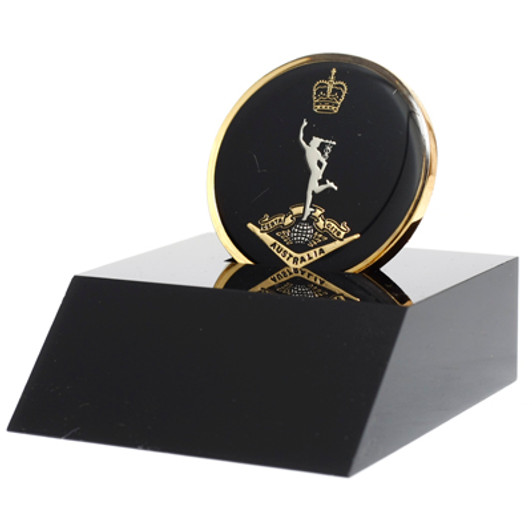 RASigs Medallion In Stand Superb Royal Australian Corps of Signals (RASigs) 48mm medallion presented in a black acrylic stand. Order now, the block is presented in a form cut gift box making it perfect for awards, presentation