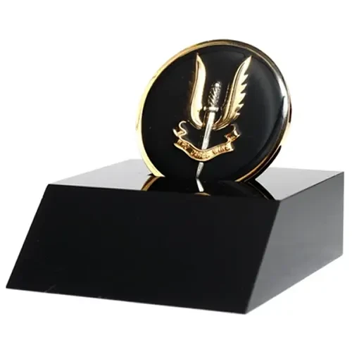 SASR Medallion In Stand Superb Special Air Service Regiment (SASR) 48mm medallion presented in a black acrylic stand. Order now, the block is presented in a form cut gift box making it perfect for awards, presentations or th