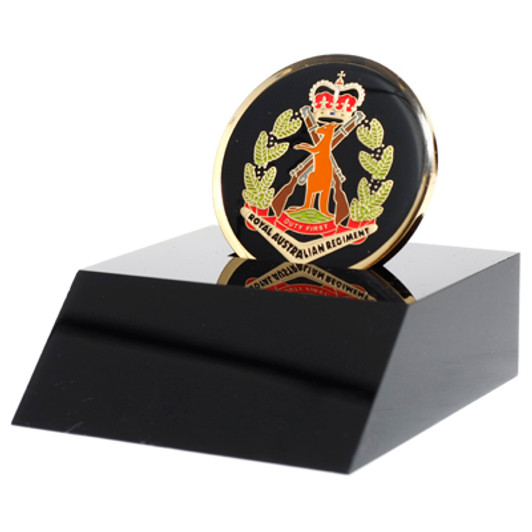RAR Medallion In Stand Superb Royal Australian Regiment (RAR) 48mm medallion presented in a black acrylic stand. Order now, the block is presented in a form cut gift box making it perfect for awards, presentations or that s