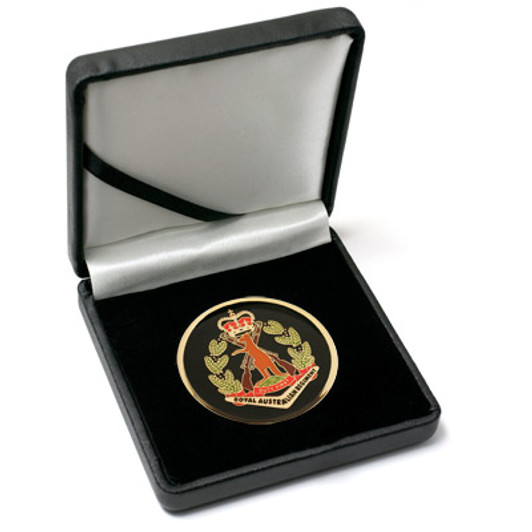 RAR Medallion In Case Superb Royal Australian Regiment (RAR) 48mm medallion presented in a leather look gift box. Order now, the block is presented in a form cut gift box making it perfect for awards, presentations or that