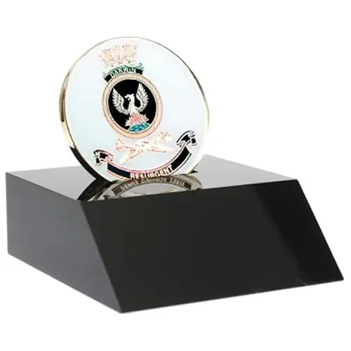 HMAS Darwin Medallion In Stand Superb HMAS Darwin 48mm medallion presented in a black acrylic stand. Order now, the block is presented in a form cut gift box making it perfect for awards, presentations or that special gift. Specifi