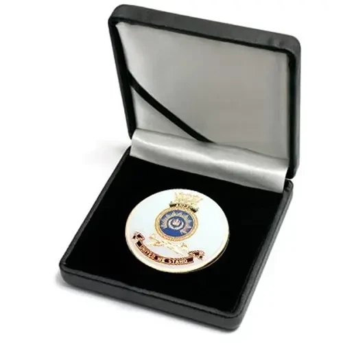 HMAS Anzac Medallion In Case Superb HMAS Anzac 48mm medallion presented in a leather look gift box. Order now, the block is presented in a form cut gift box making it perfect for awards, presentations or that special gift. Specif