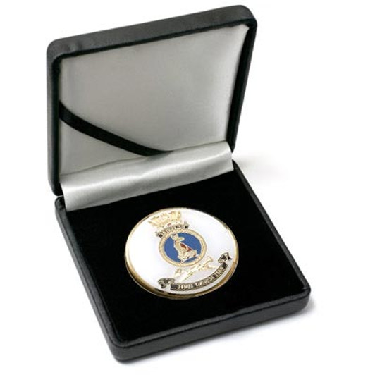 HMAS Melbourne Medallion In Case Superb HMAS Melbourne 48mm medallion presented in a leather look gift box. Order now, the block is presented in a form cut gift box making it perfect for awards, presentations or that special gift. Sp