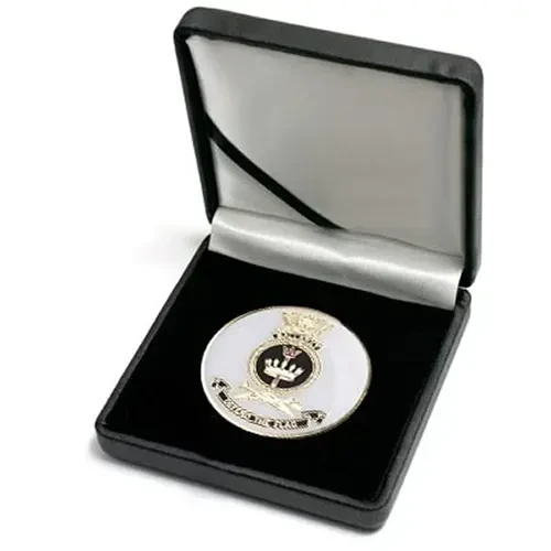 HMAS Ballarat Medallion In Case Superb HMAS Ballarat 48mm medallion presented in a leather look gift box. Order now, the block is presented in a form cut gift box making it perfect for awards, presentations or that special gift. Spe