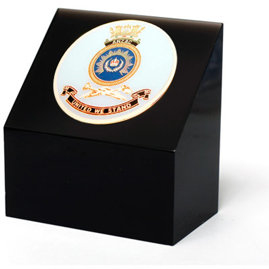 HMAS Anzac Medallion In Block Superb HMAS Anzac 48mm medallion presented in a black acrylic desk block. Order now, the block is presented in a form cut gift box making it perfect for awards, presentations or that special gift. Spe