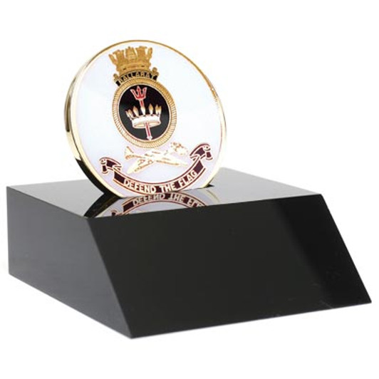 HMAS Ballarat Medallion In Stand Superb HMAS Ballarat 48mm medallion presented in a black acrylic stand. Order now, the block is presented in a form cut gift box making it perfect for awards, presentations or that special gift. Speci