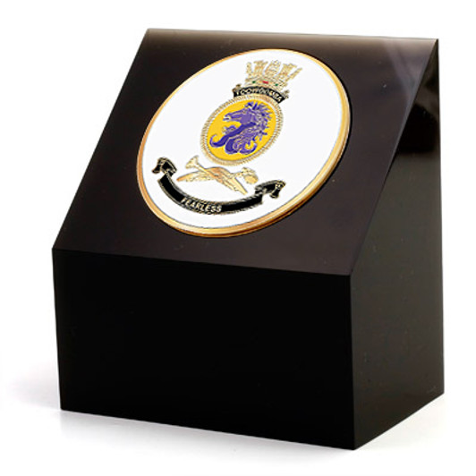 HMAS Toowoomba Medallion In Block Superb HMAS Toowoomba 48mm medallion presented in a black acrylic desk block. Order now, the block is presented in a form cut gift box making it perfect for awards, presentations or that special gift.