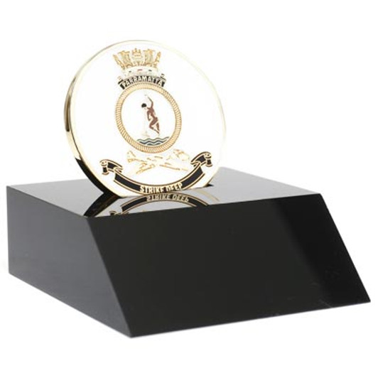 HMAS Parramatta Medallion In Stand Superb HMAS Parramatta 48mm medallion presented in a black acrylic stand. Order now, the block is presented in a form cut gift box making it perfect for awards, presentations or that special gift. Spe