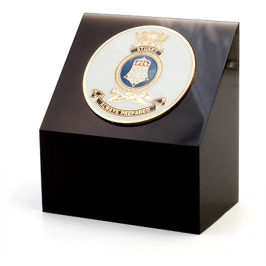 HMAS Stuart Medallion In Block Superb HMAS Stuart 48mm medallion presented in a black acrylic desk block. Order now, the block is presented in a form cut gift box making it perfect for awards, presentations or that special gift. Sp
