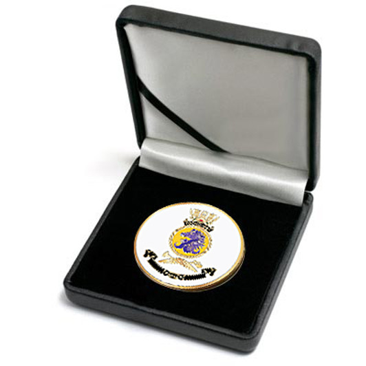 HMAS Toowoomba Medallion In Case Superb HMAS Toowoomba 48mm medallion presented in a leather look gift box. Order now, the block is presented in a form cut gift box making it perfect for awards, presentations or that special gift. Sp
