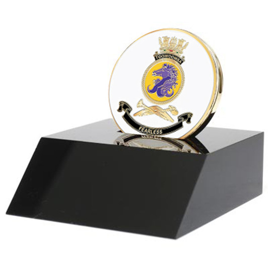 HMAS Toowoomba Medallion In Stand Superb HMAS Toowoomba 48mm medallion presented in a black acrylic stand. Order now, the block is presented in a form cut gift box making it perfect for awards, presentations or that special gift. Spec