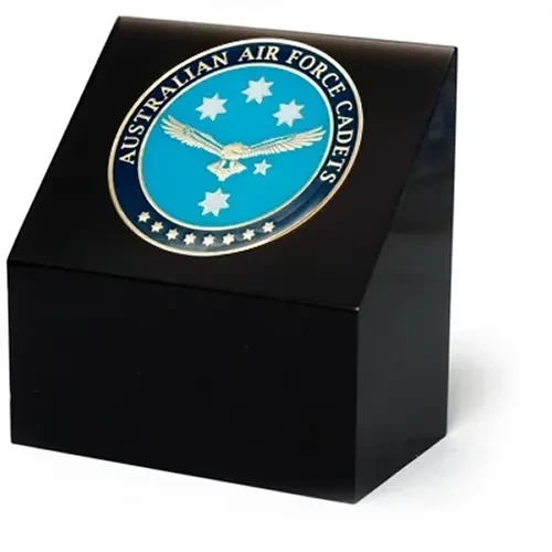 AAFC Medallion In Block Superb Australian Air Force Cadet (AAFC) 48mm medallion presented in a black acrylic desk block. Order now, the block is presented in a form cut gift box making it perfect for awards, presentations or