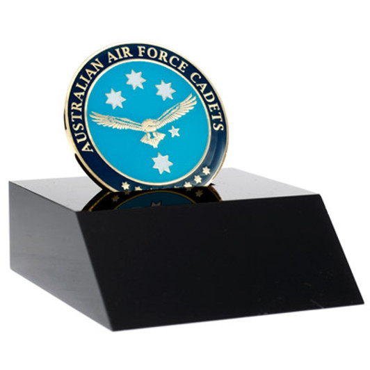 AAFC Medallion In Stand Superb Australian Air Force Cadet (AAFC) 48mm medallion presented in a leather look gift box. Order now, the block is presented in a form cut gift box making it perfect for awards, presentations or th