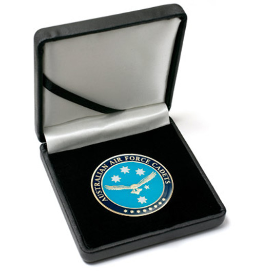AAFC Medallion In Case Superb Australian Air Force Cadet (AAFC) 48mm medallion presented in a black acrylic stand. Order now, the block is presented in a form cut gift box making it perfect for awards, presentations or that
